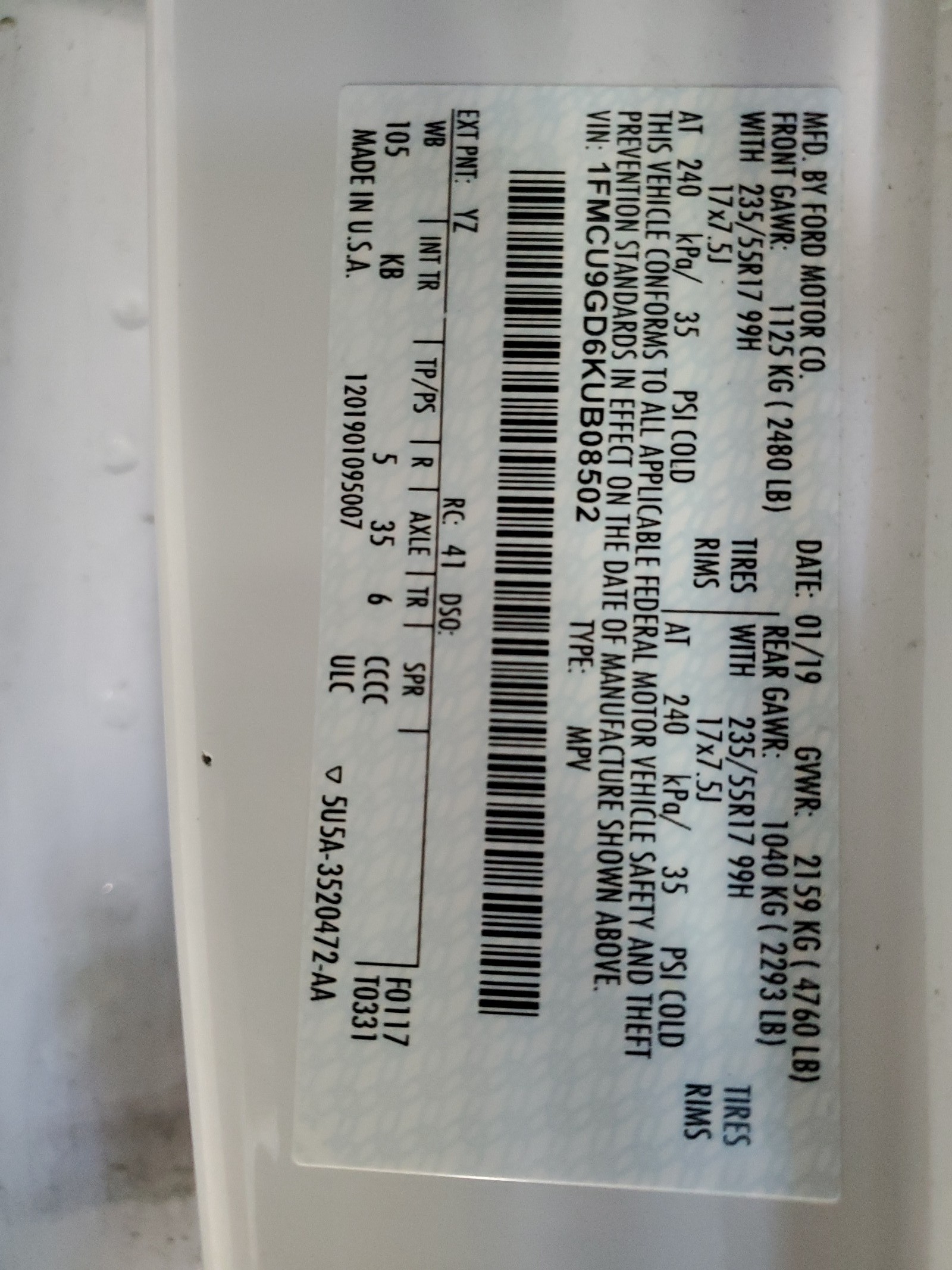 1FMCU9GD6KUB08502 2019 Ford Escape Se