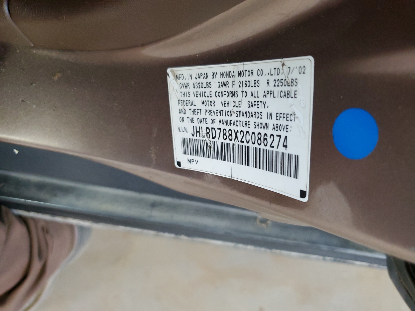 JHLRD788X2C086274 2002 Honda Cr-V Ex