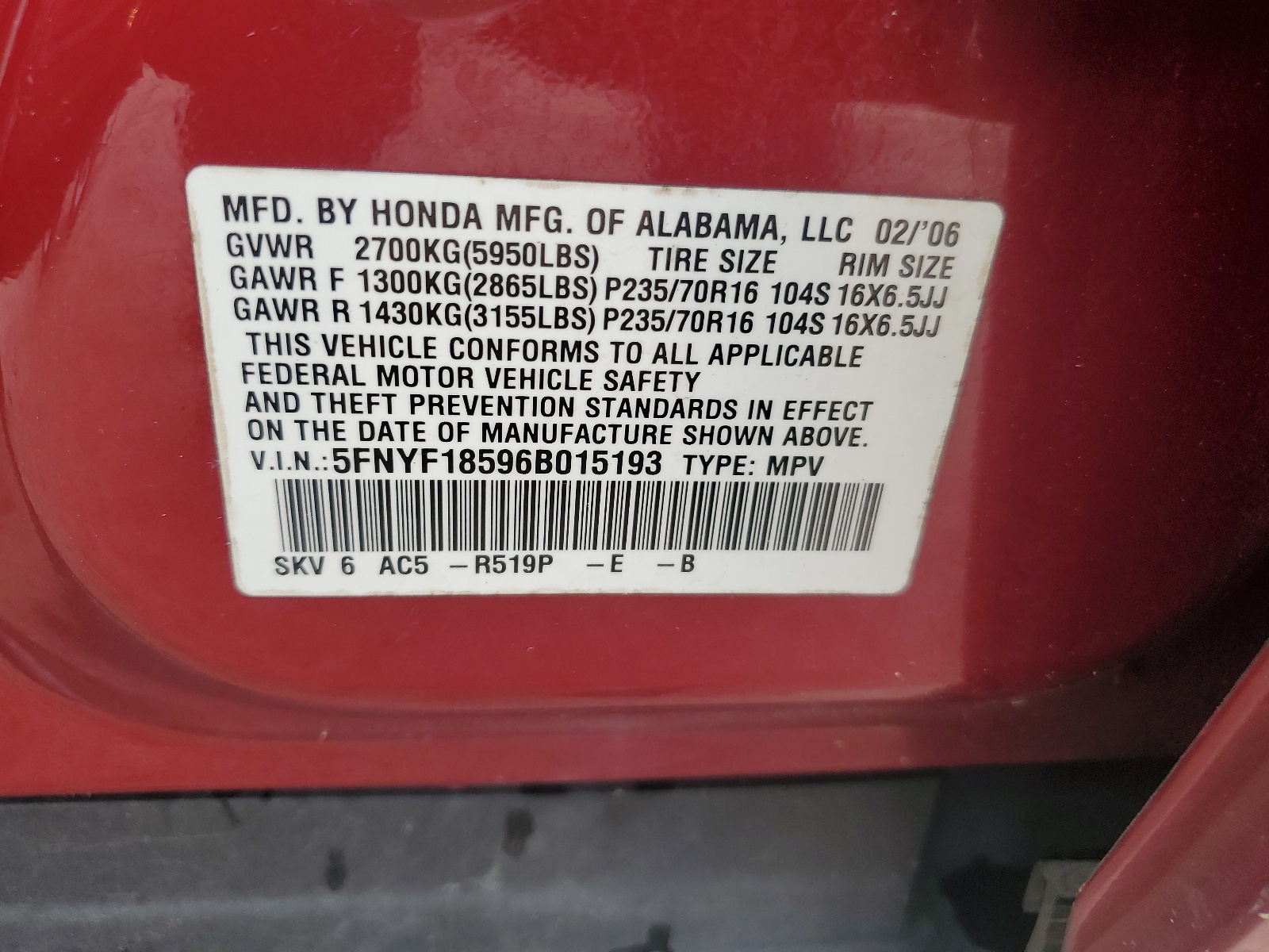 5FNYF18596B015193 2006 Honda Pilot Ex