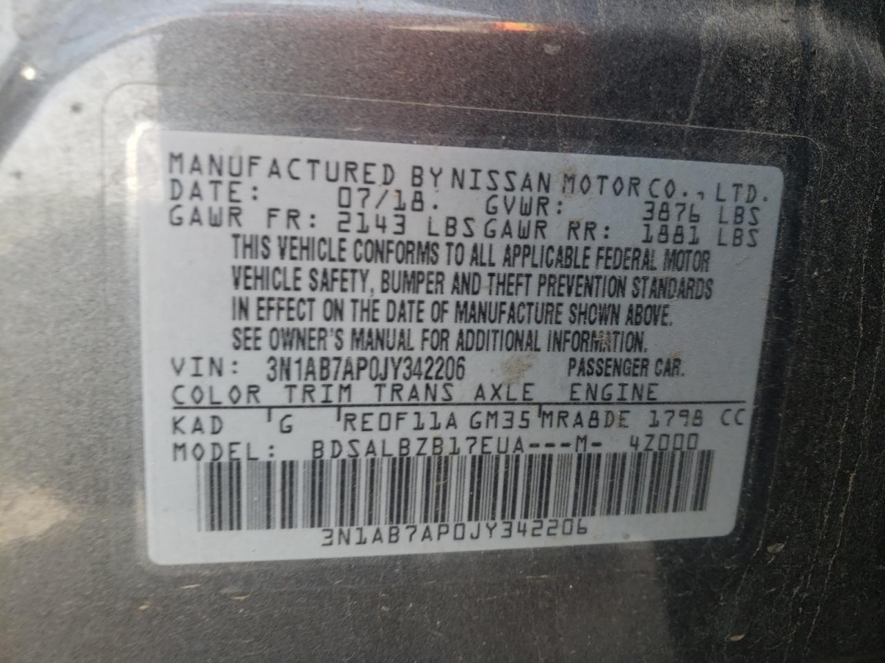 3N1AB7AP0JY342206 2018 Nissan Sentra S