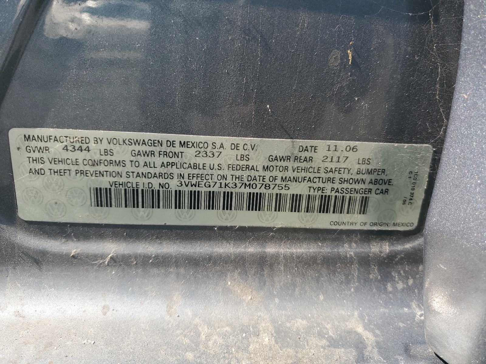 3VWEG71K37M078755 2007 Volkswagen Jetta Wolfsburg