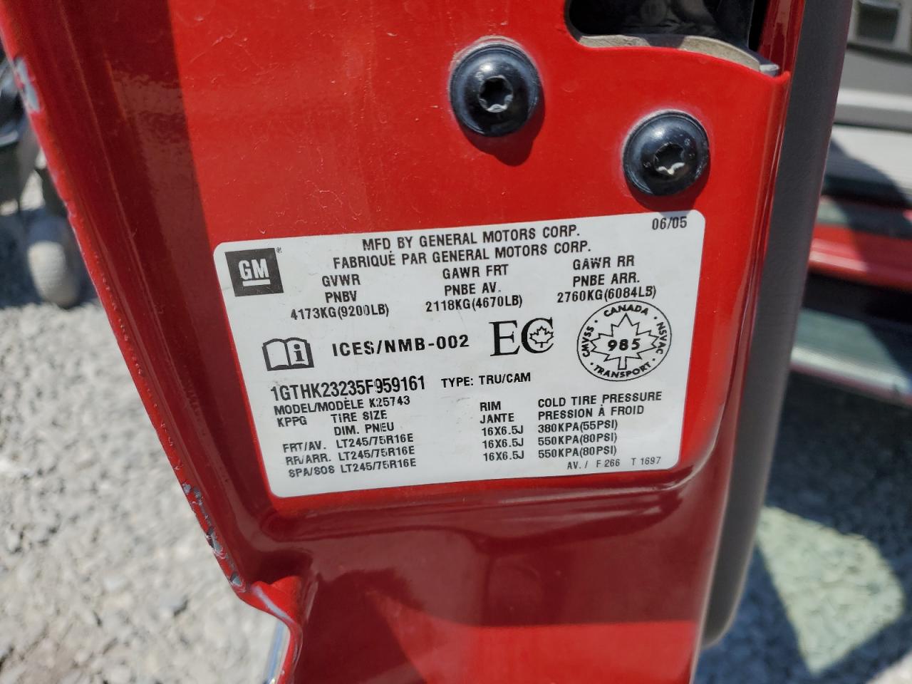 2005 GMC Sierra K2500 Heavy Duty VIN: 1GTHK23235F959161 Lot: 66406794