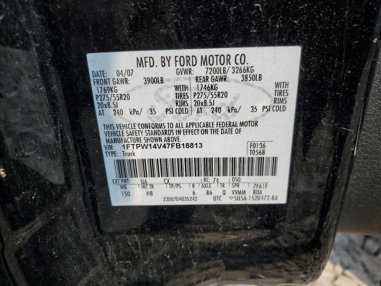 1FTPW14V47FB18813 2007 Ford F150 Supercrew