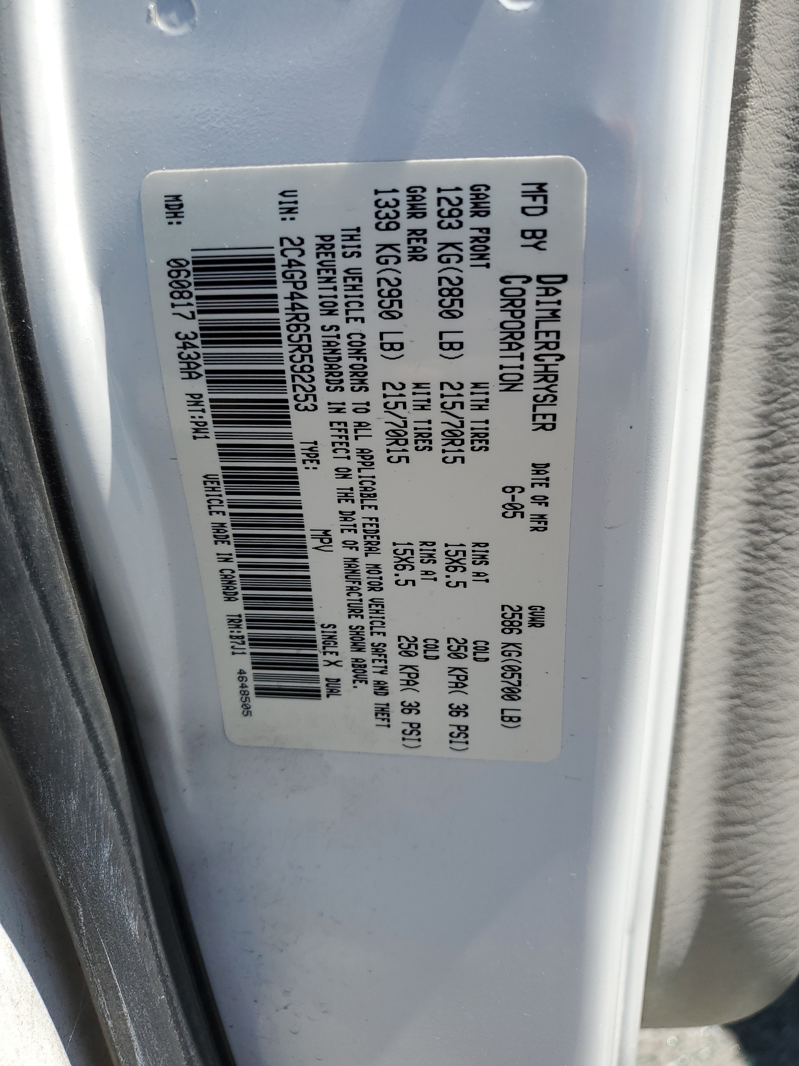 2C4GP44R65R592253 2005 Chrysler Town & Country Lx