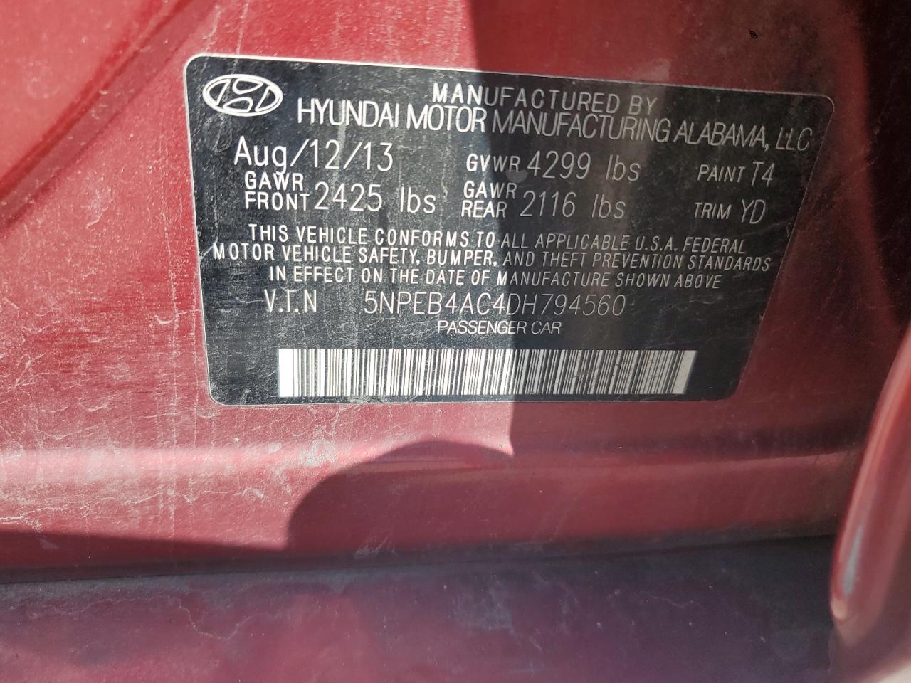 2013 Hyundai Sonata Gls VIN: 5NPEB4AC4DH794560 Lot: 66301924