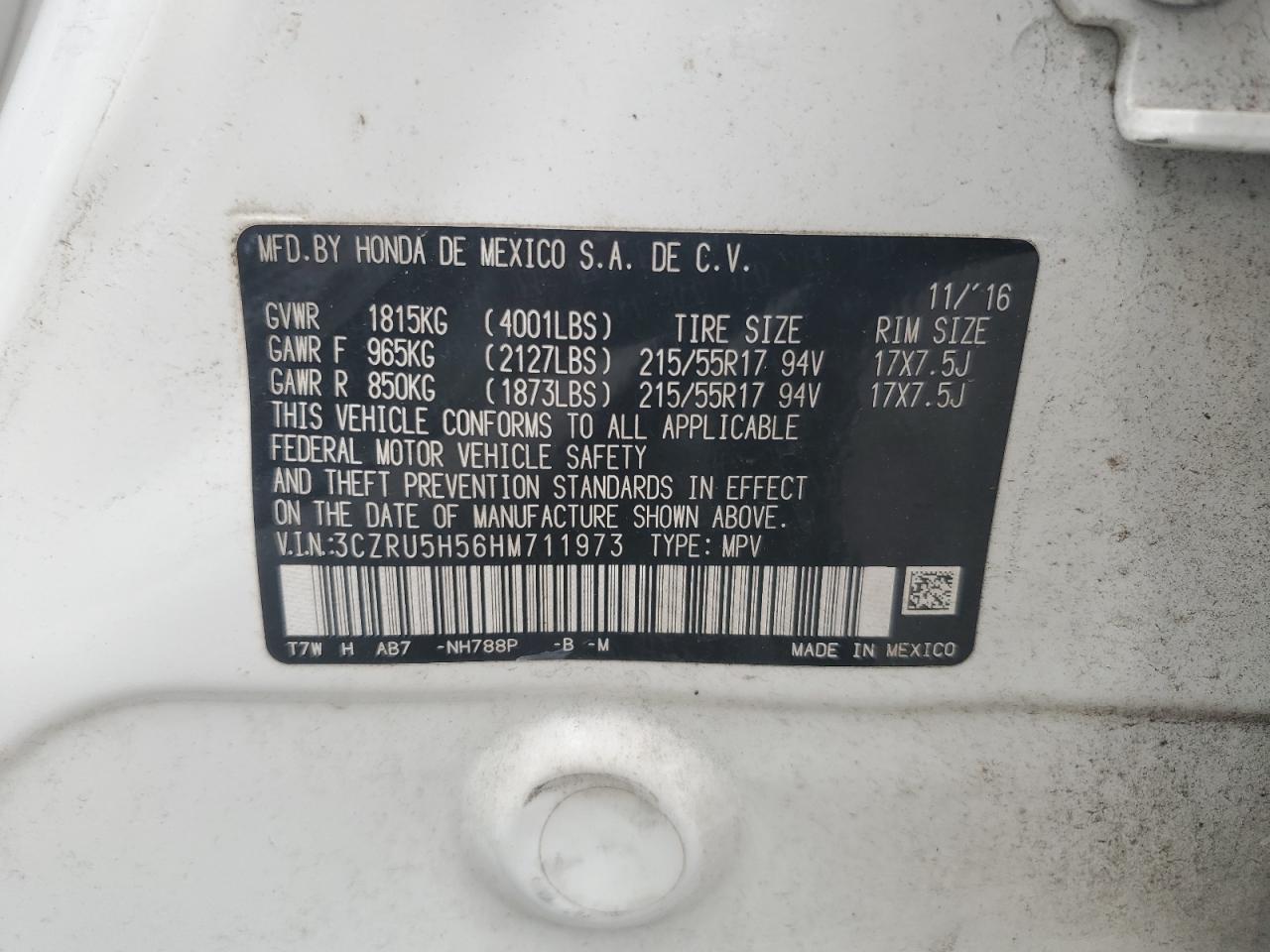 2017 Honda Hr-V Ex VIN: 3CZRU5H56HM711973 Lot: 68986614