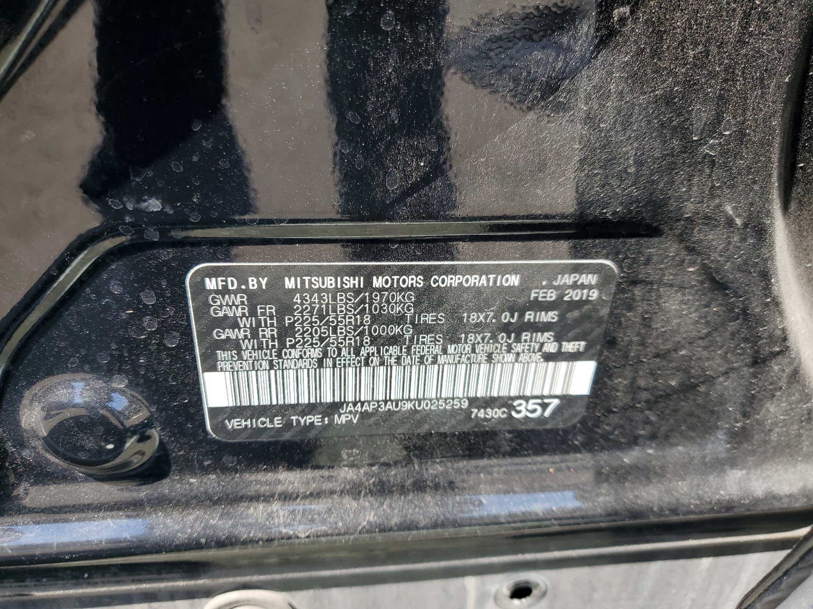 JA4AP3AU9KU025259 2019 Mitsubishi Outlander Sport Es