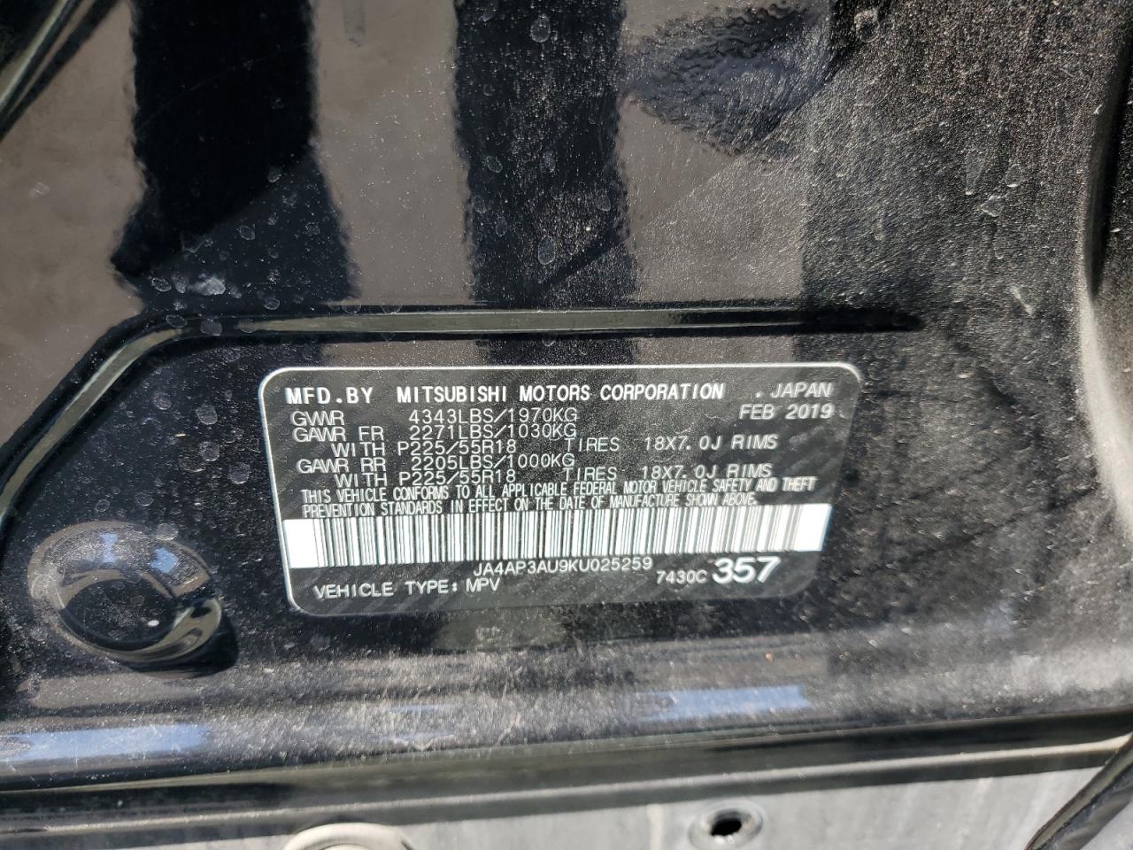 2019 Mitsubishi Outlander Sport Es VIN: JA4AP3AU9KU025259 Lot: 66807034