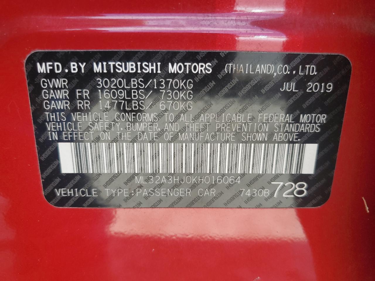 2019 Mitsubishi Mirage Es VIN: ML32A3HJ0KH016064 Lot: 67554044