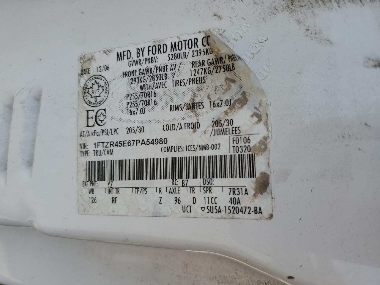 2007 Ford Ranger Super Cab VIN: 1FTZR45E67PA54980 Lot: 66718494