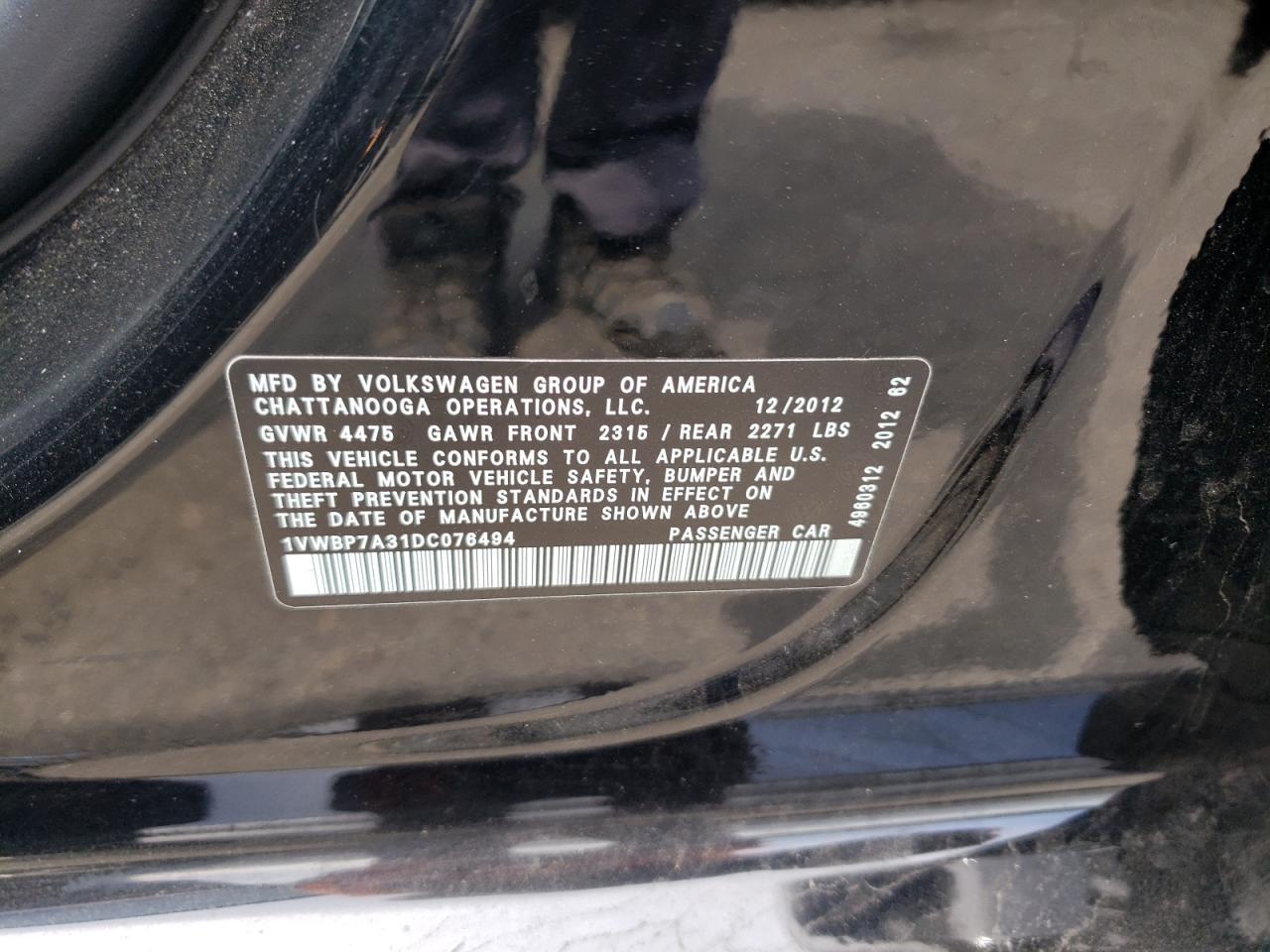 2013 Volkswagen Passat Se VIN: 1VWBP7A31DC076494 Lot: 68377204