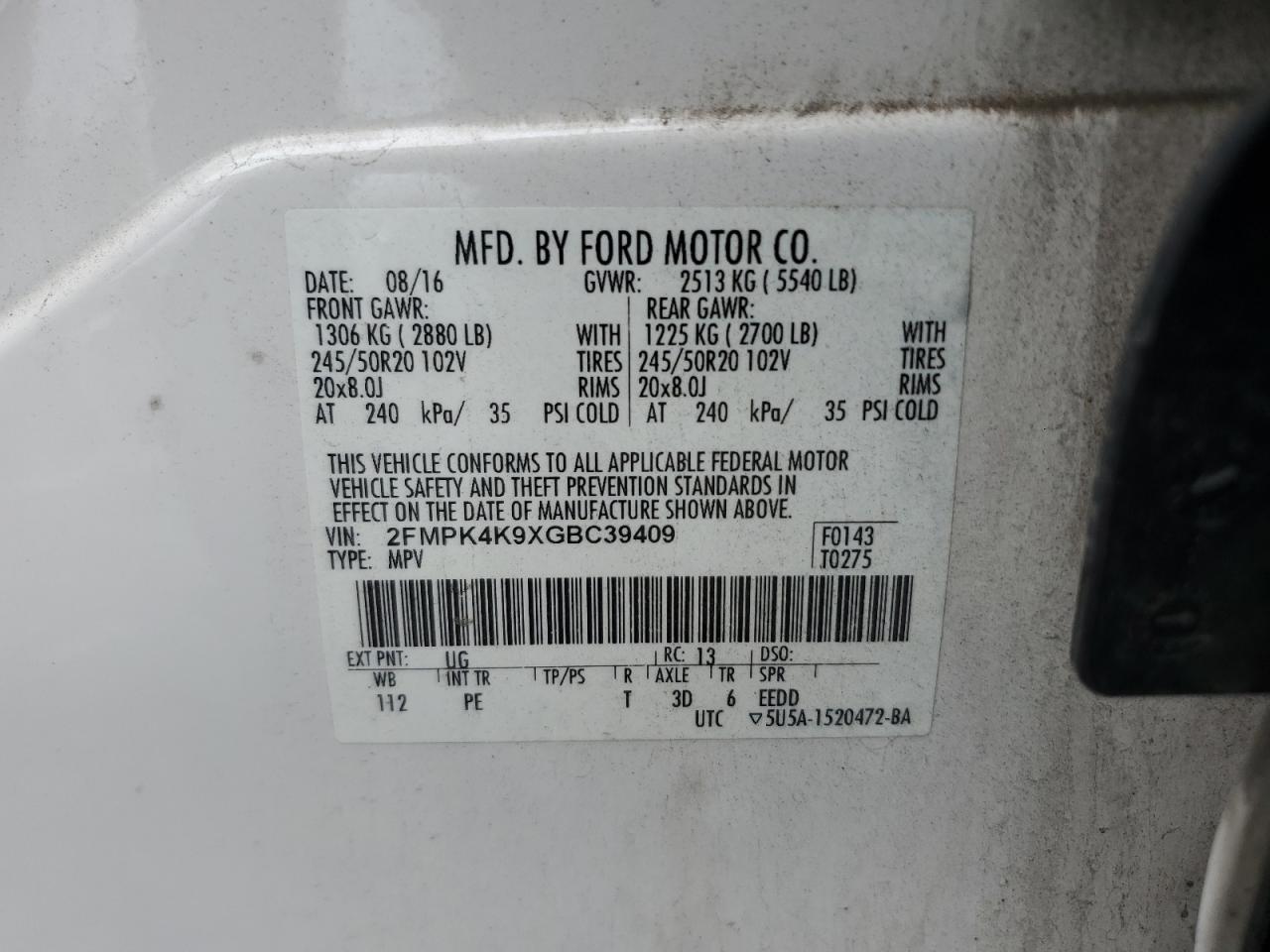 2016 Ford Edge Titanium VIN: 2FMPK4K9XGBC39409 Lot: 65715064