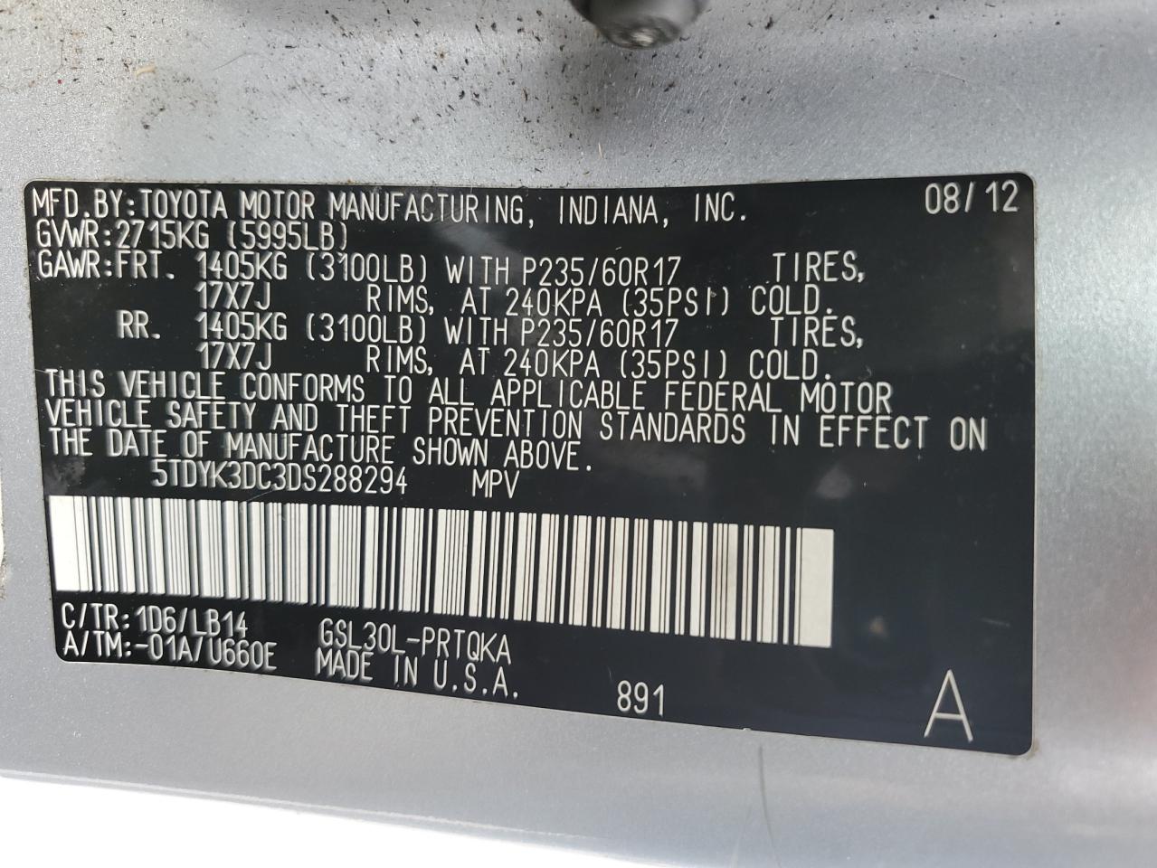 5TDYK3DC3DS288294 2013 Toyota Sienna Xle