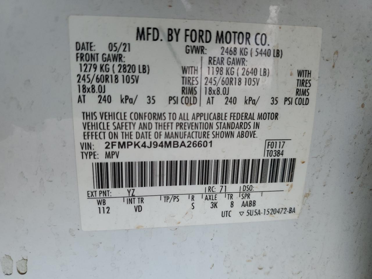 2021 Ford Edge Sel VIN: 2FMPK4J94MBA26601 Lot: 69153584