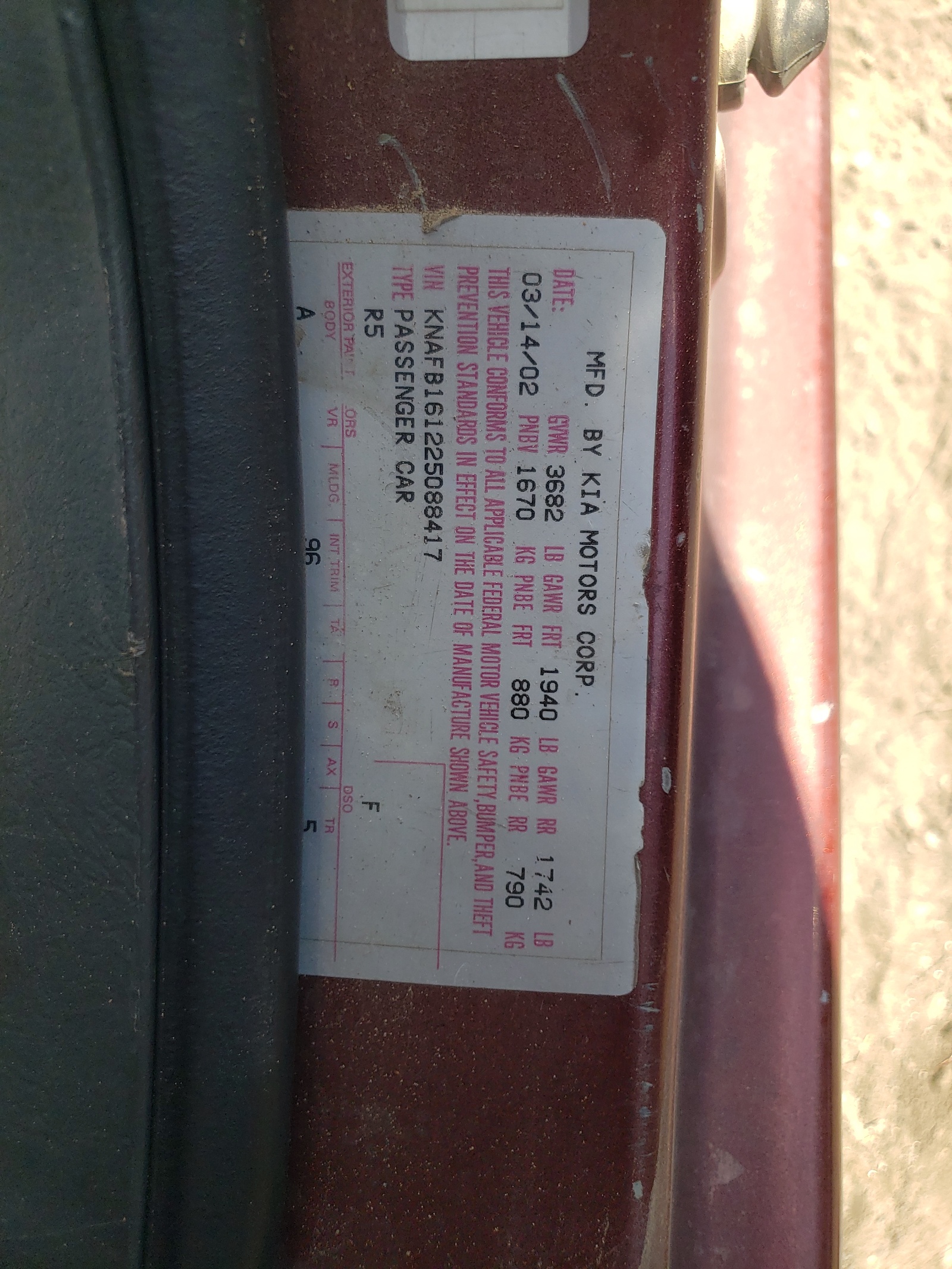 KNAFB161225088417 2002 Kia Spectra Gs