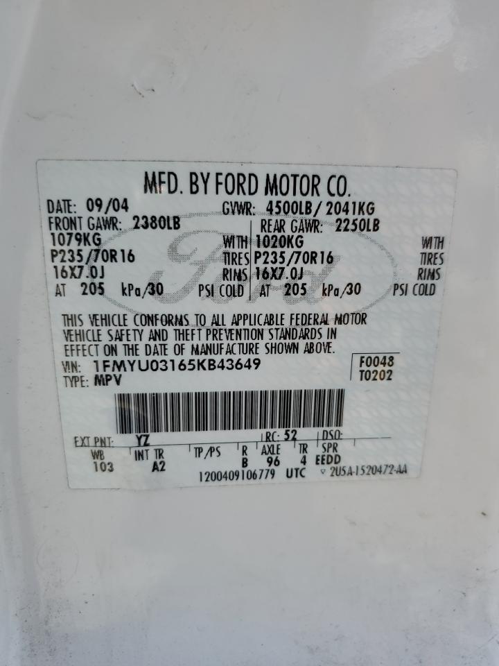 2005 Ford Escape Xlt VIN: 1FMYU03165KB43649 Lot: 66462504