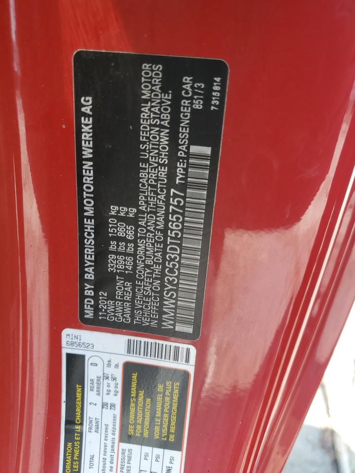 2013 Mini Cooper Roadster S VIN: WMWSY3C53DT565757 Lot: 66607014