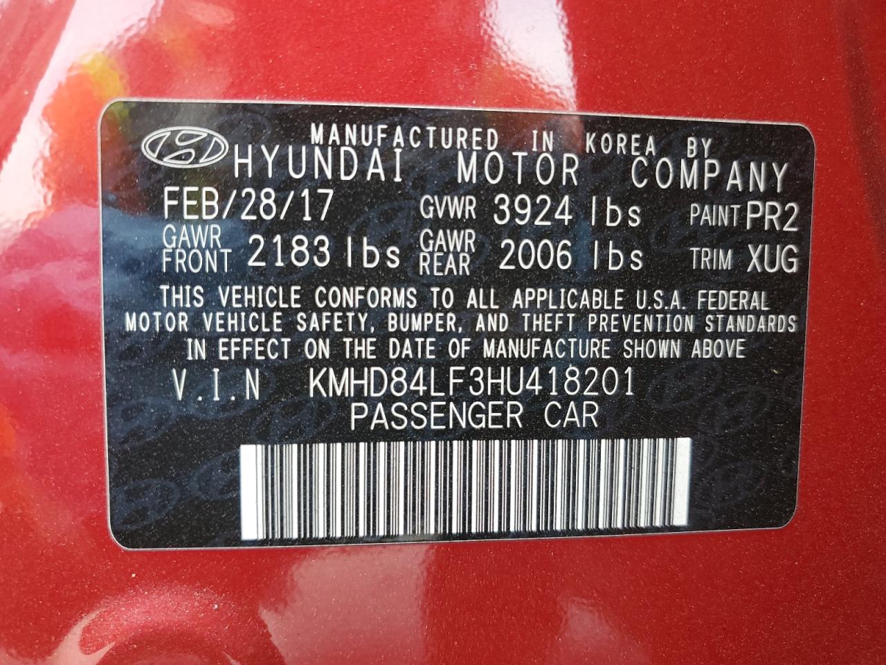 2017 Hyundai Elantra Se VIN: KMHD84LF3HU418201 Lot: 66399674