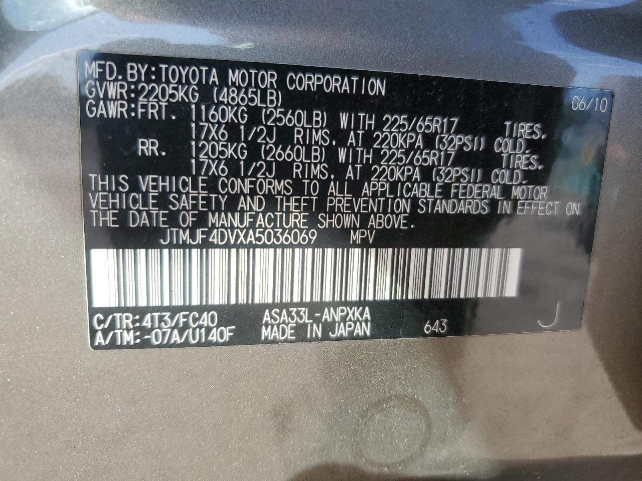 2010 Toyota Rav4 VIN: JTMJF4DVXA5036069 Lot: 67798004