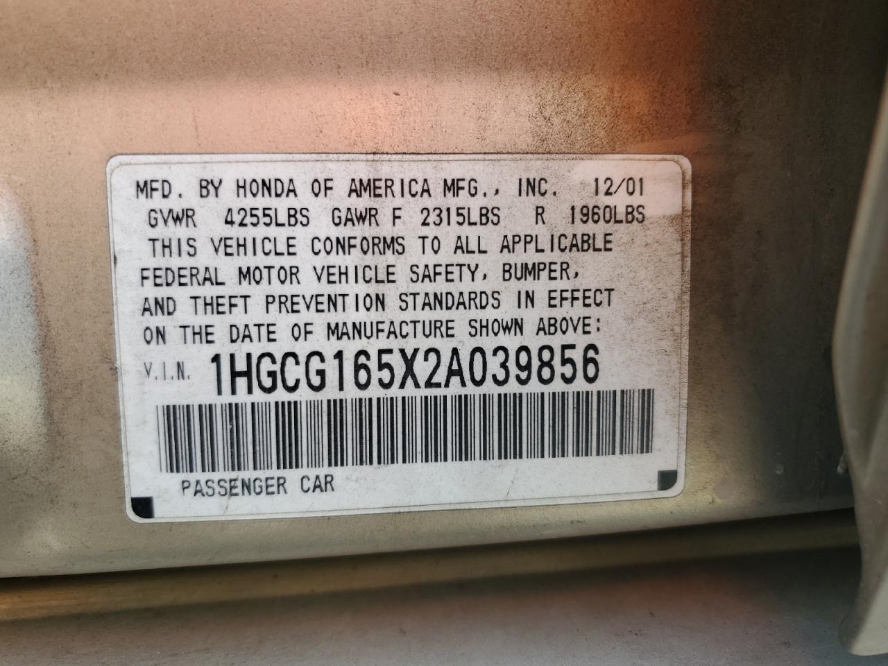 1HGCG165X2A039856 2002 Honda Accord Ex