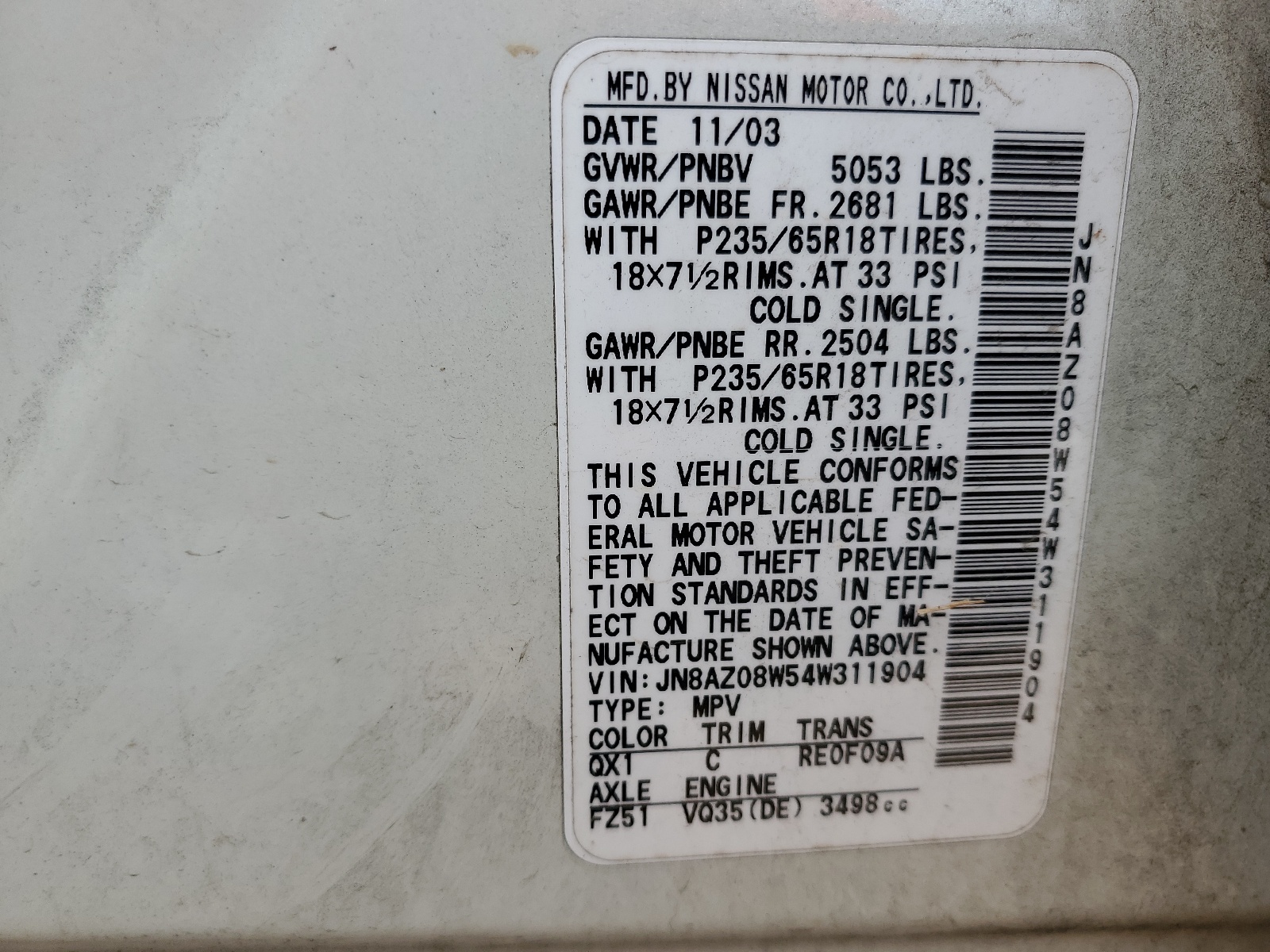 JN8AZ08W54W311904 2004 Nissan Murano Sl