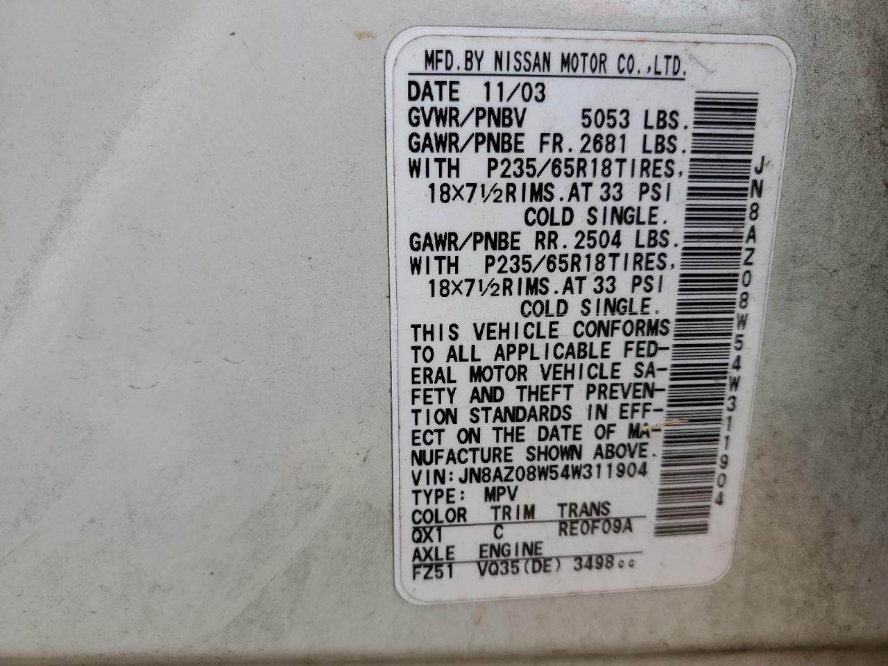 2004 Nissan Murano Sl VIN: JN8AZ08W54W311904 Lot: 67172844