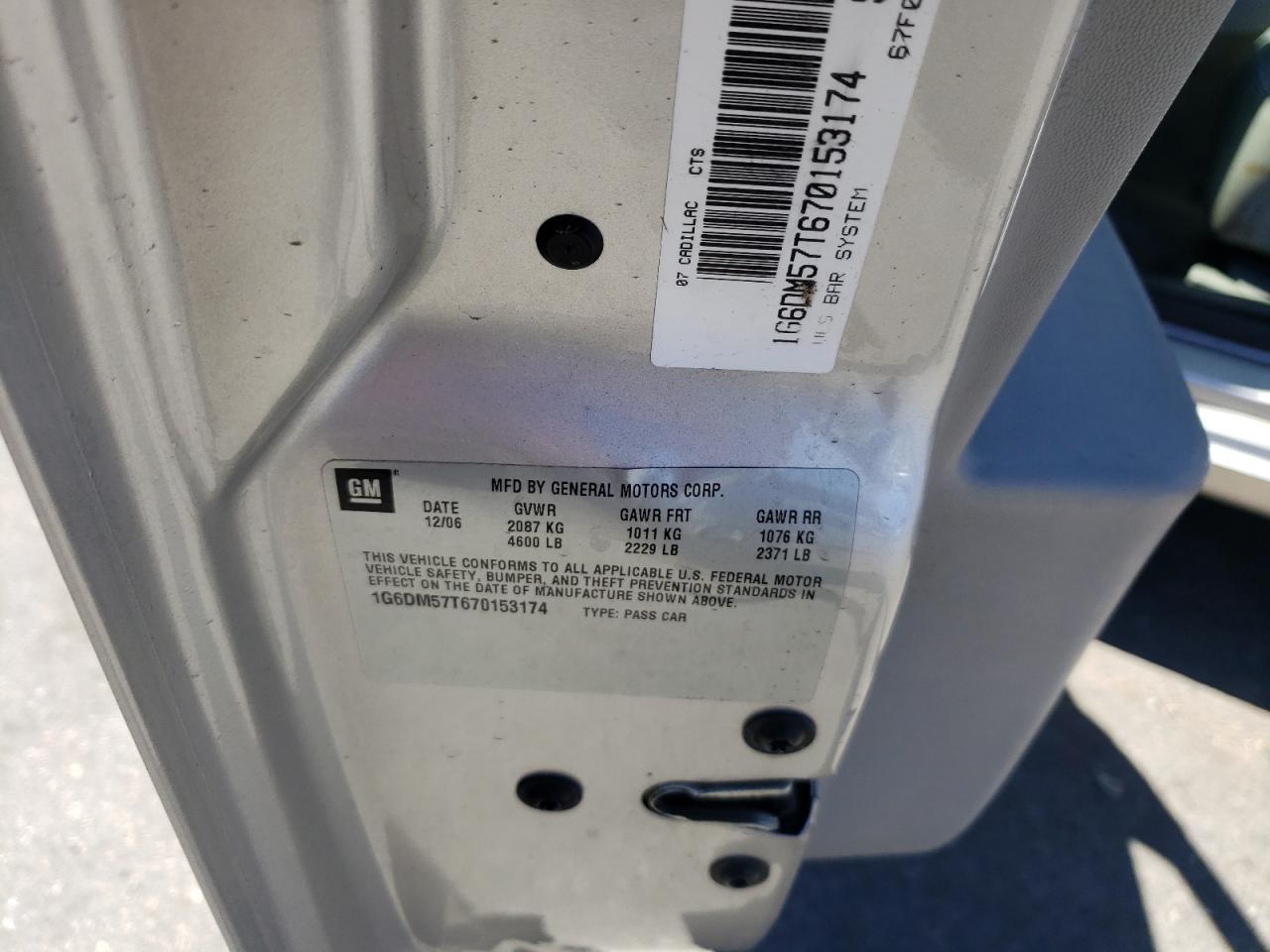 2007 Cadillac Cts VIN: 1G6DM57T670153174 Lot: 68148844