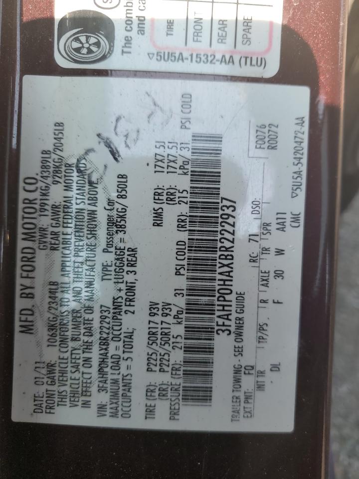 2011 Ford Fusion Se VIN: 3FAHP0HAXBR222937 Lot: 68646094