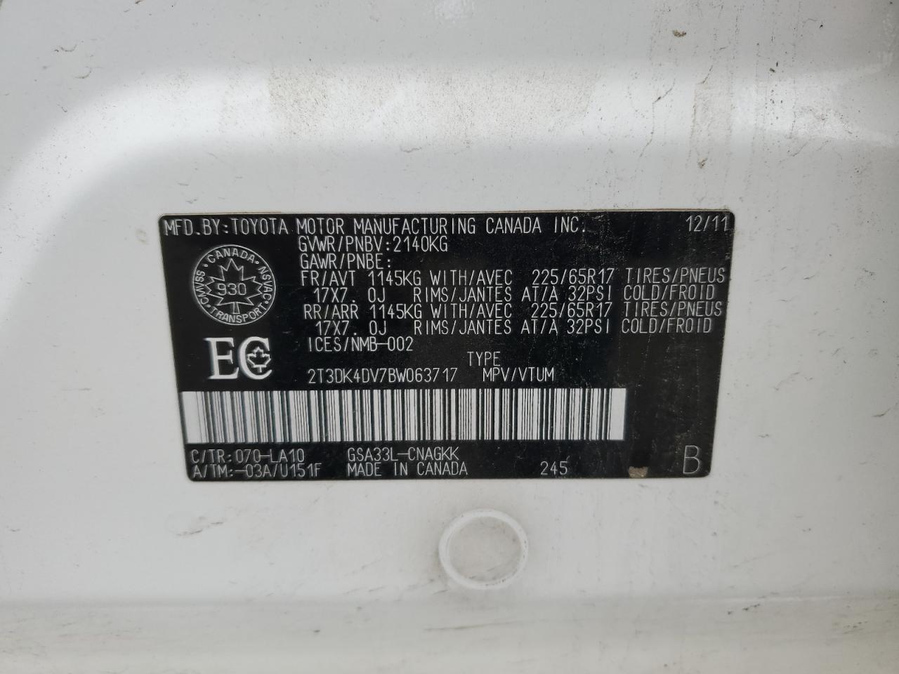 2011 Toyota Rav4 Limited VIN: 2T3DK4DV7BW063717 Lot: 65786074