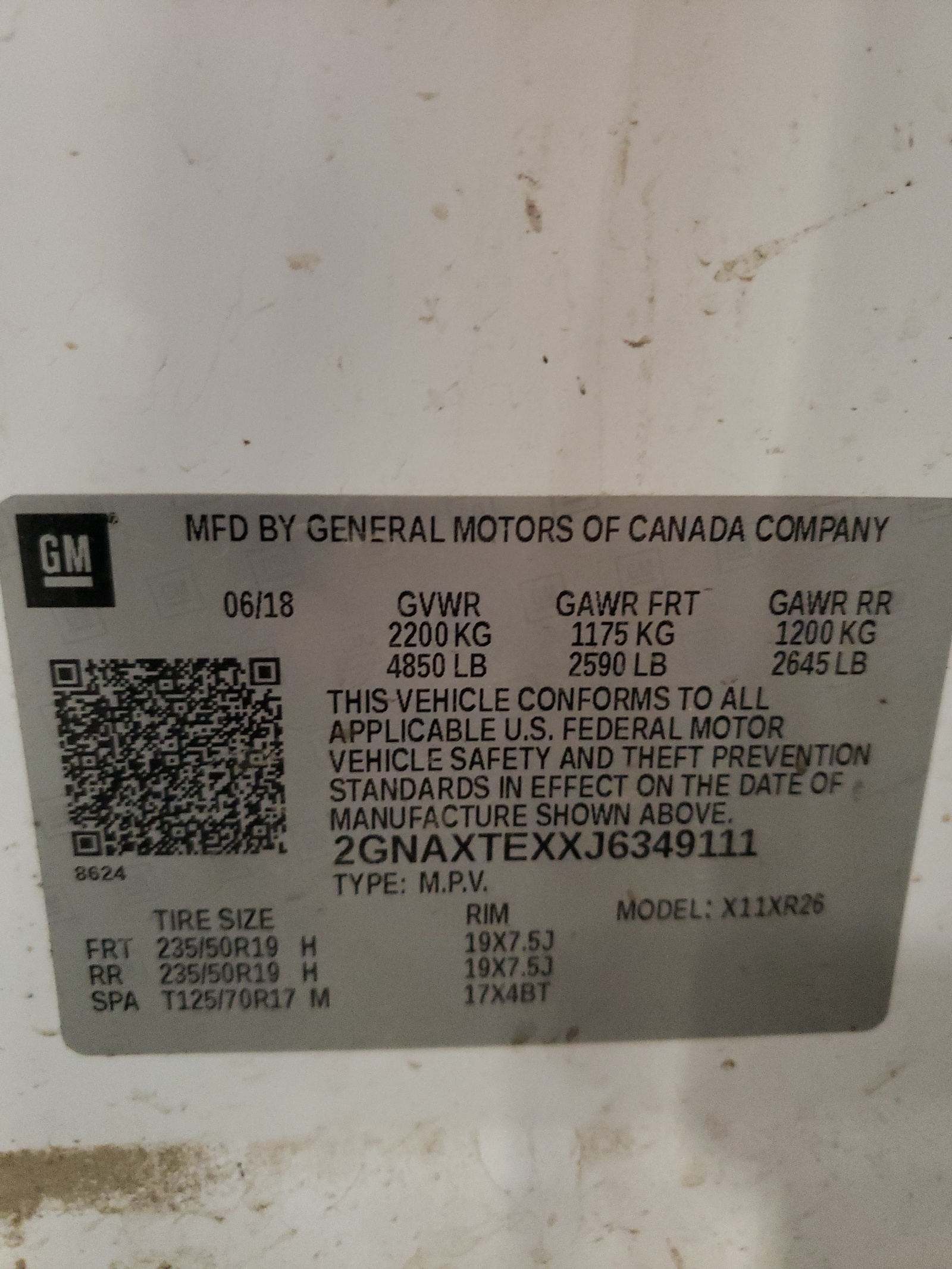 2GNAXTEXXJ6349111 2018 Chevrolet Equinox Lt