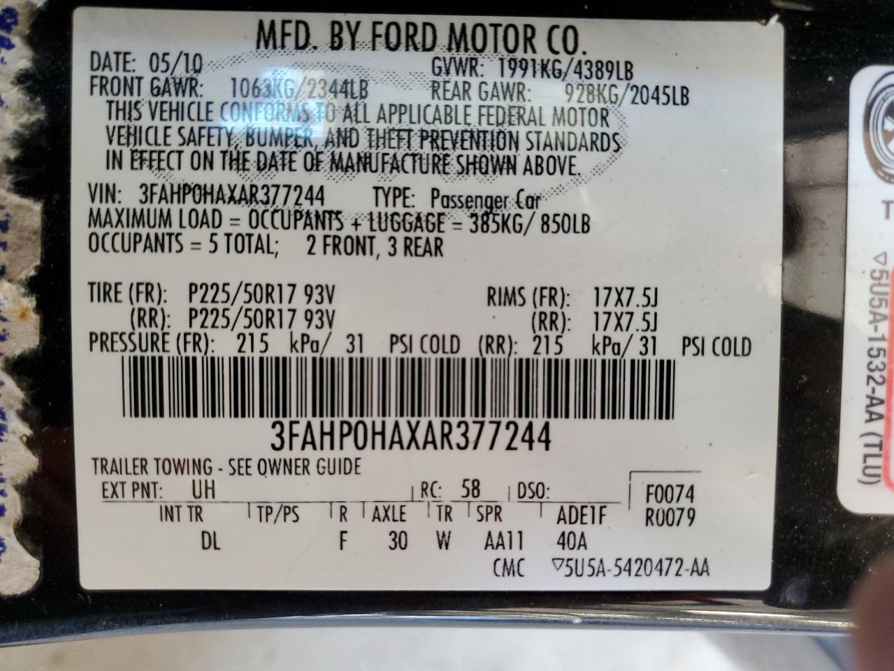 2010 Ford Fusion Se VIN: 3FAHP0HAXAR377244 Lot: 66932154