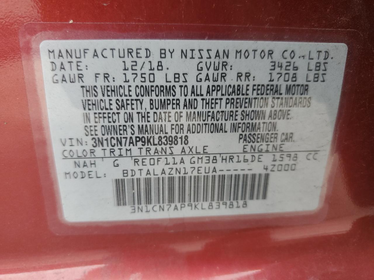 3N1CN7AP9KL839818 2019 Nissan Versa S