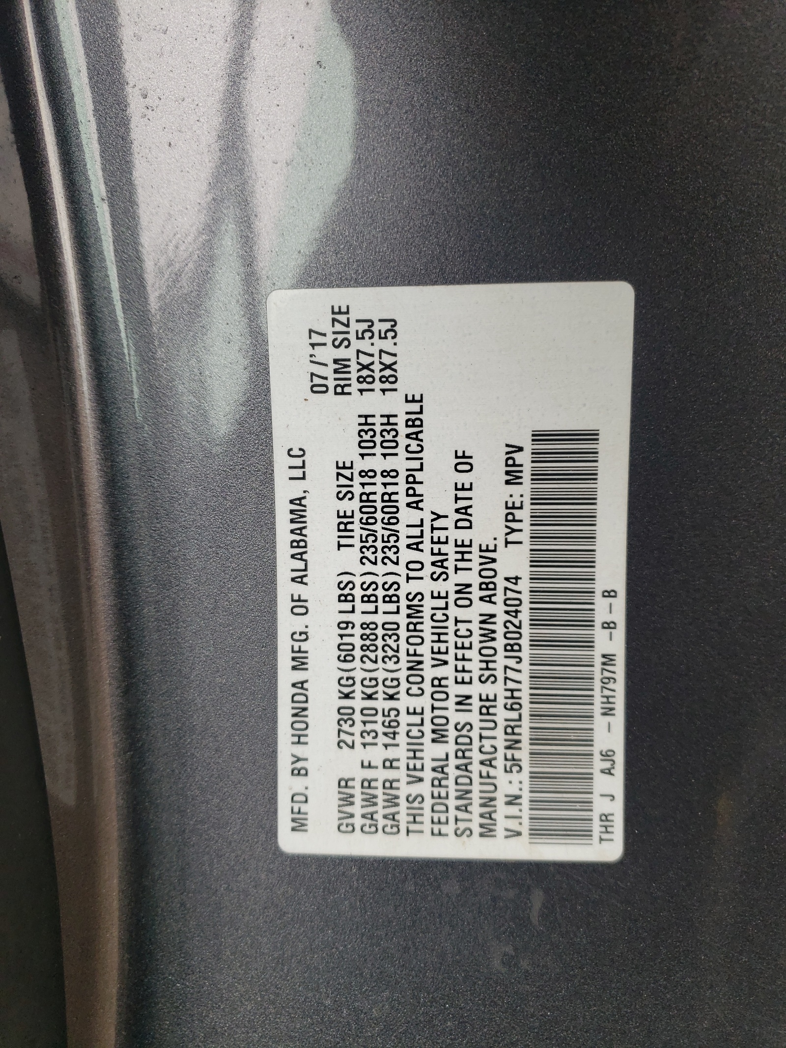 5FNRL6H77JB024074 2018 Honda Odyssey Exl