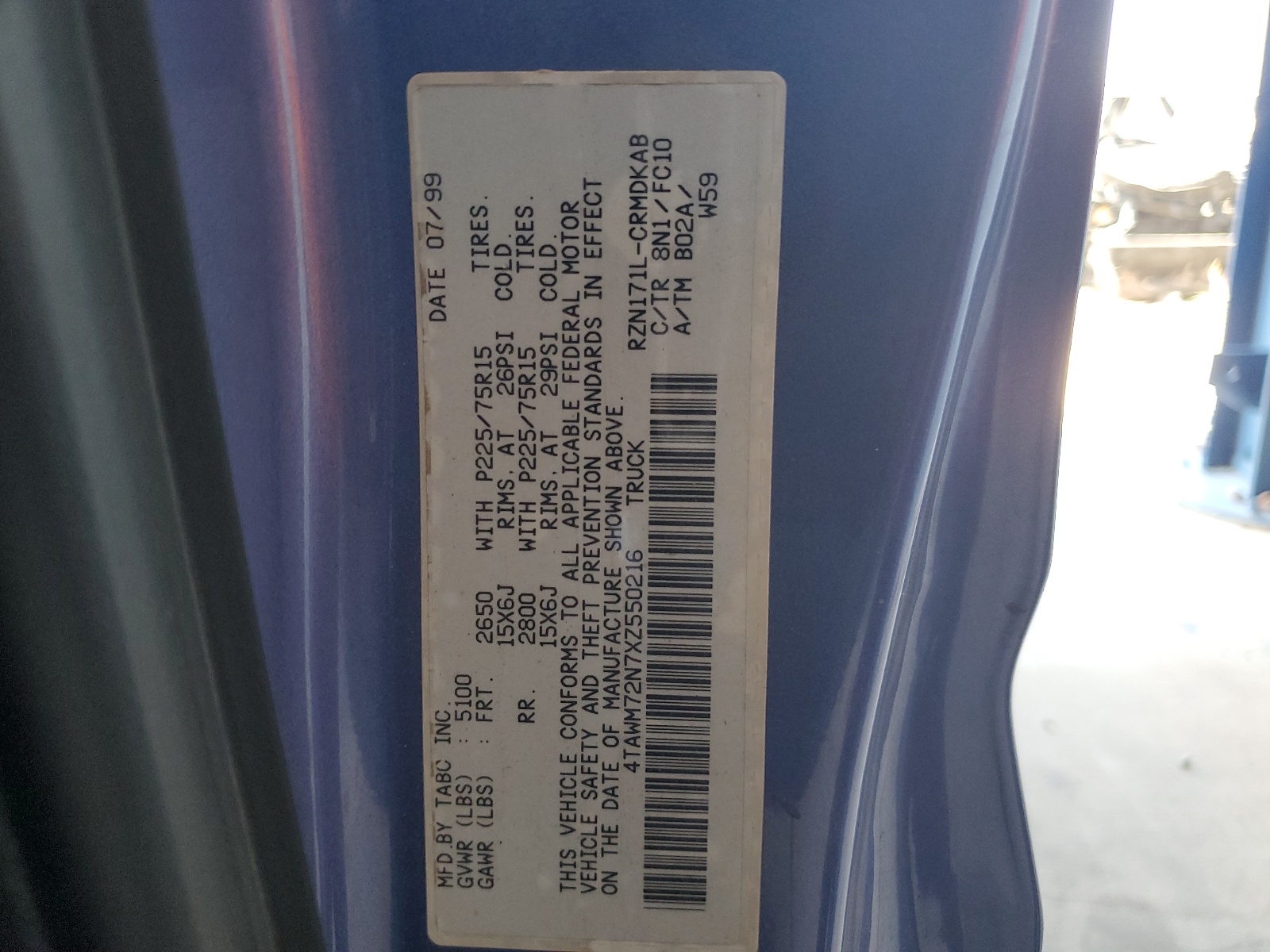 4TAWM72N7XZ550216 1999 Toyota Tacoma Xtracab