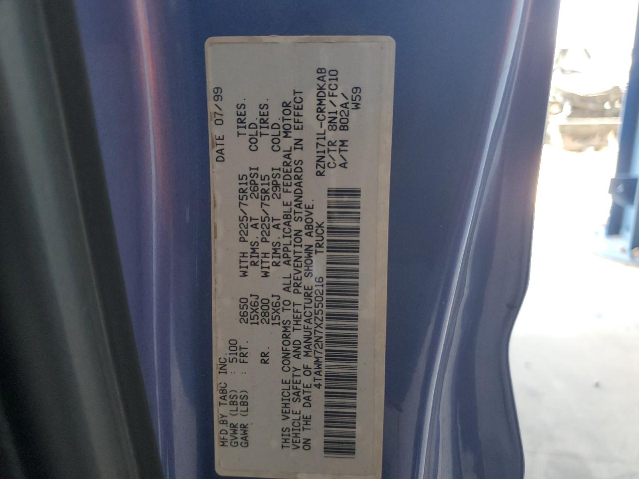 1999 Toyota Tacoma Xtracab VIN: 4TAWM72N7XZ550216 Lot: 65804534