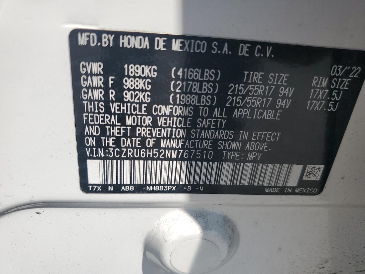 3CZRU6H52NM767510 2022 Honda Hr-V Ex