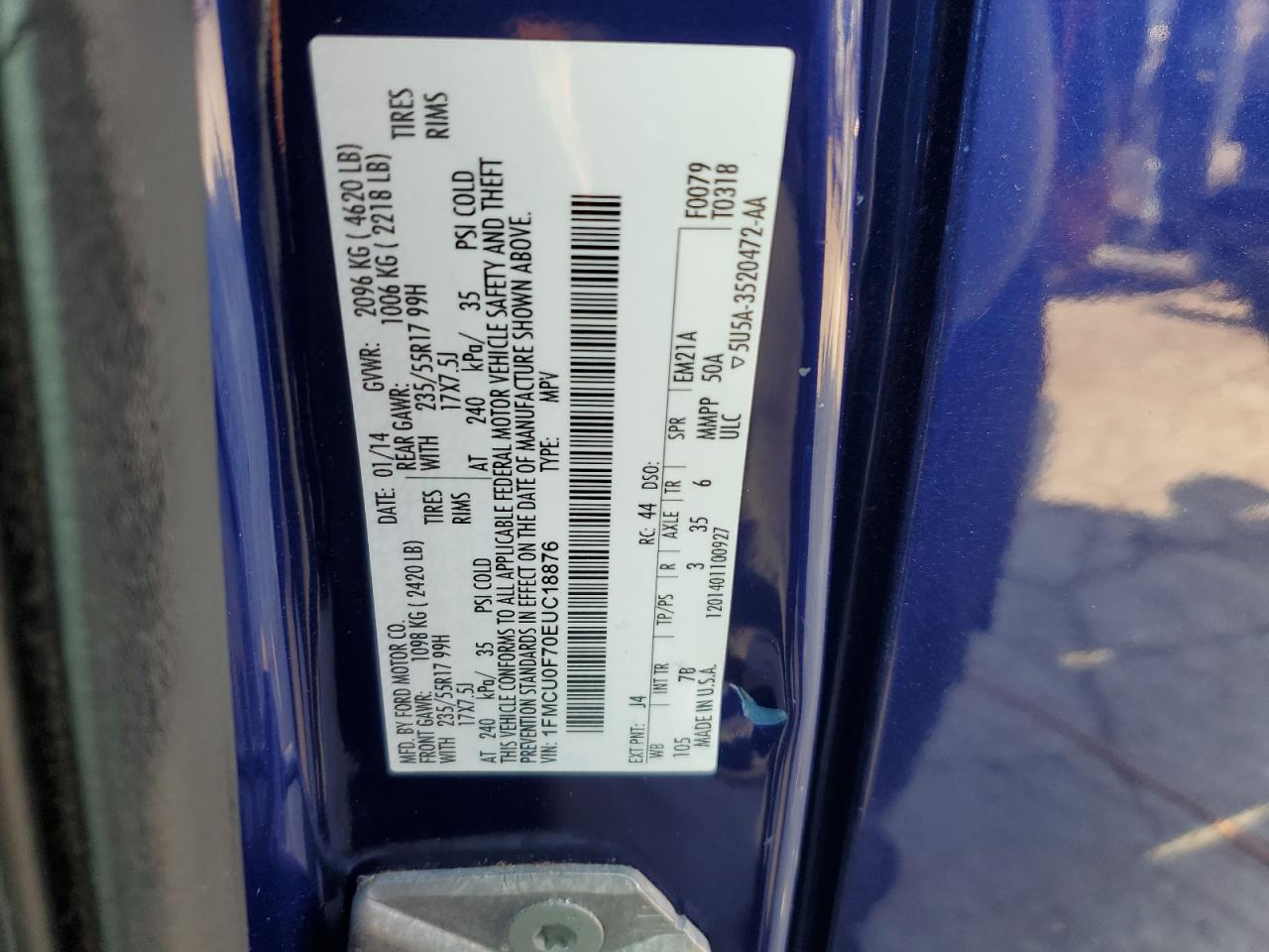 2014 Ford Escape S VIN: 1FMCU0F70EUC18876 Lot: 66274134