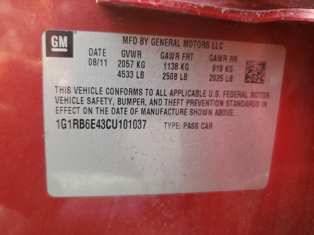 1G1RB6E43CU101037 2012 Chevrolet Volt