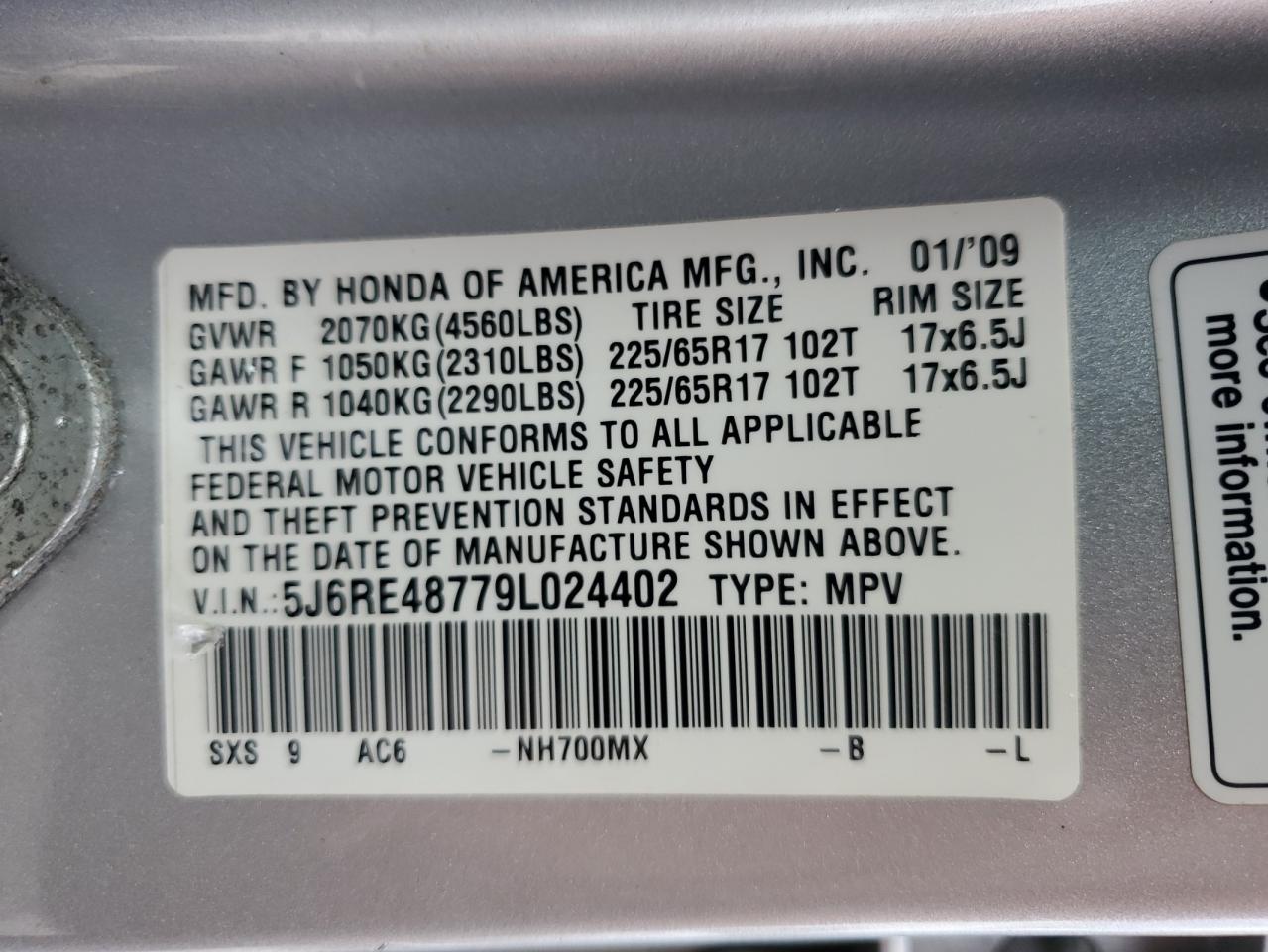 2009 Honda Cr-V Exl VIN: 5J6RE48779L024402 Lot: 67569404