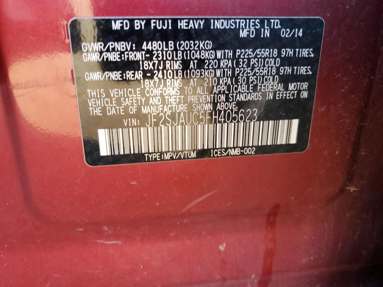 2015 Subaru Forester 2.5I Touring VIN: JF2SJAUC5FH405623 Lot: 65980924