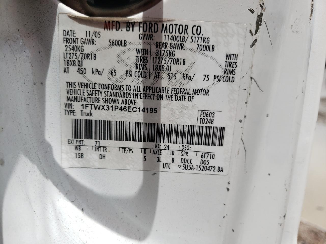 1FTWX31P46EC14195 2006 Ford F350 Srw Super Duty