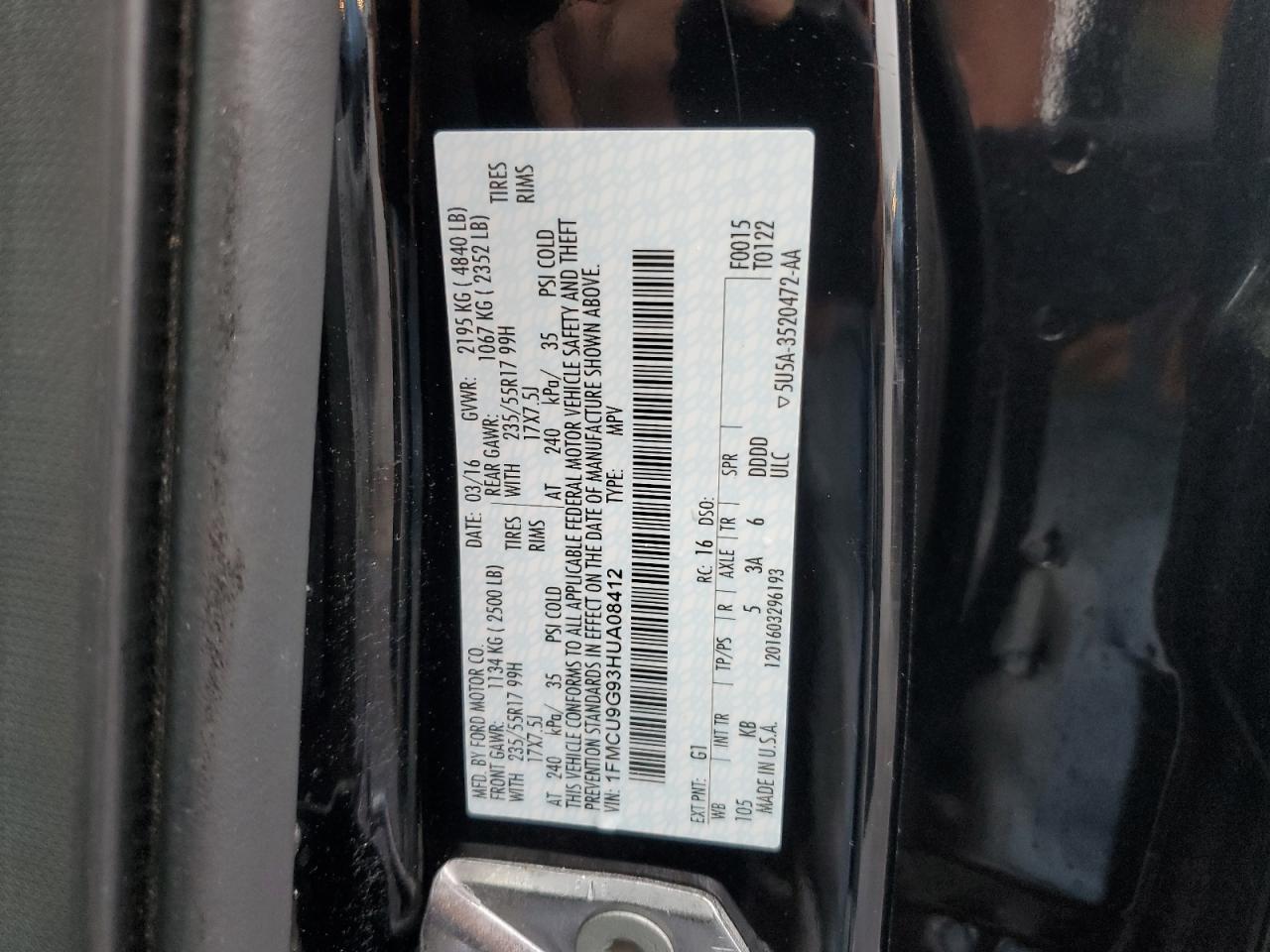 2017 Ford Escape Se VIN: 1FMCU9G93HUA08412 Lot: 66286544