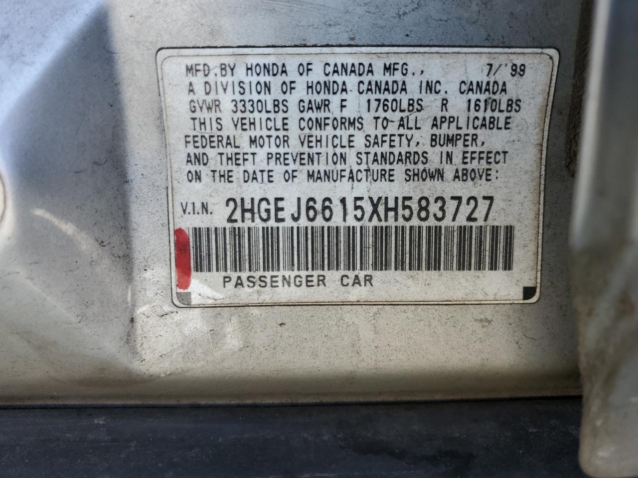 1999 Honda Civic Base VIN: 2HGEJ6615XH583727 Lot: 66759584