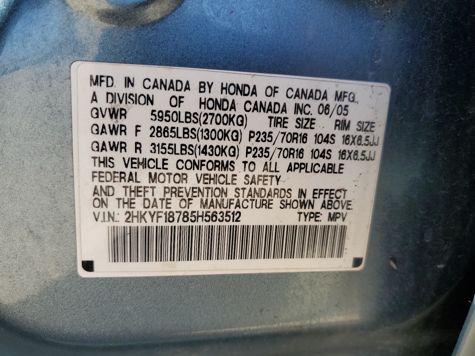 2HKYF18785H563512 2005 Honda Pilot Exl