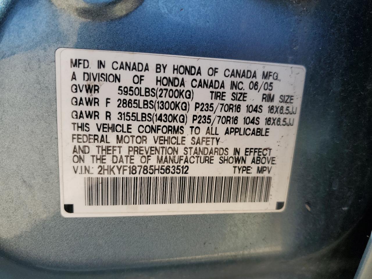 2005 Honda Pilot Exl VIN: 2HKYF18785H563512 Lot: 66364944