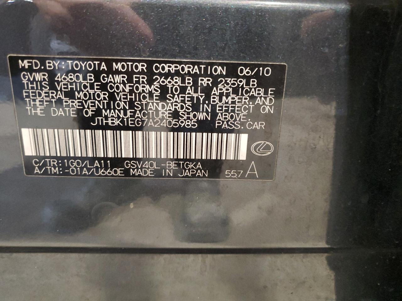 2010 Lexus Es 350 VIN: JTHBK1EG7A2405985 Lot: 66279164