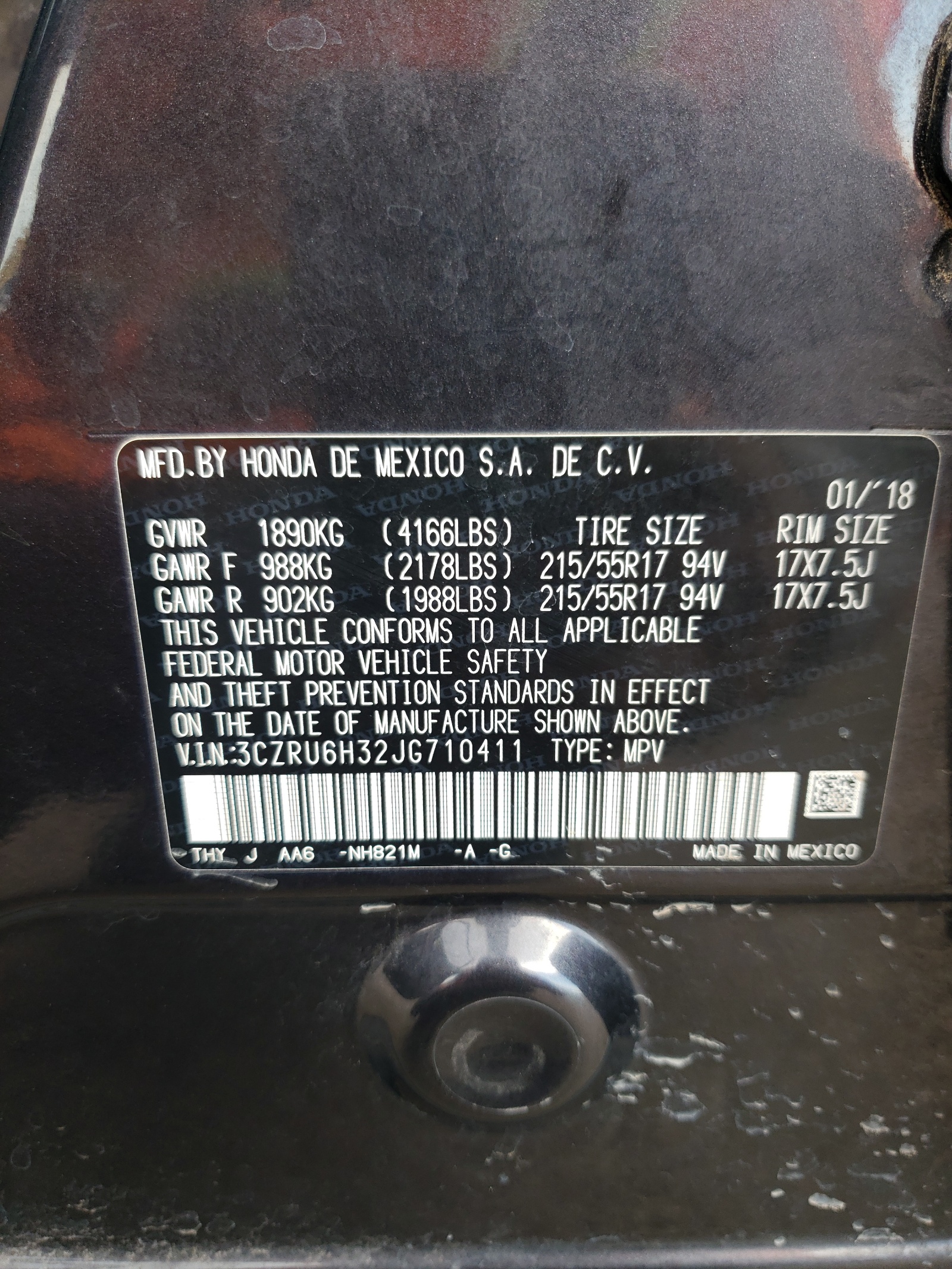 3CZRU6H32JG710411 2018 Honda Hr-V Lx