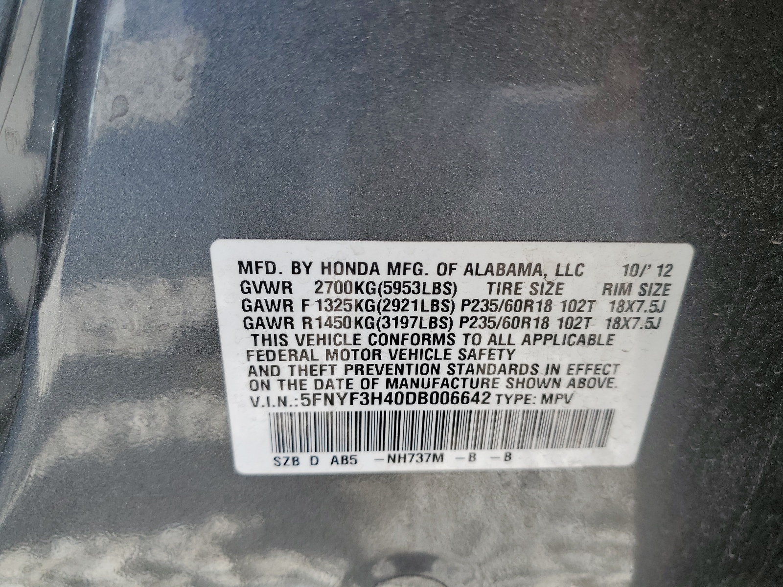 5FNYF3H40DB006642 2013 Honda Pilot Ex