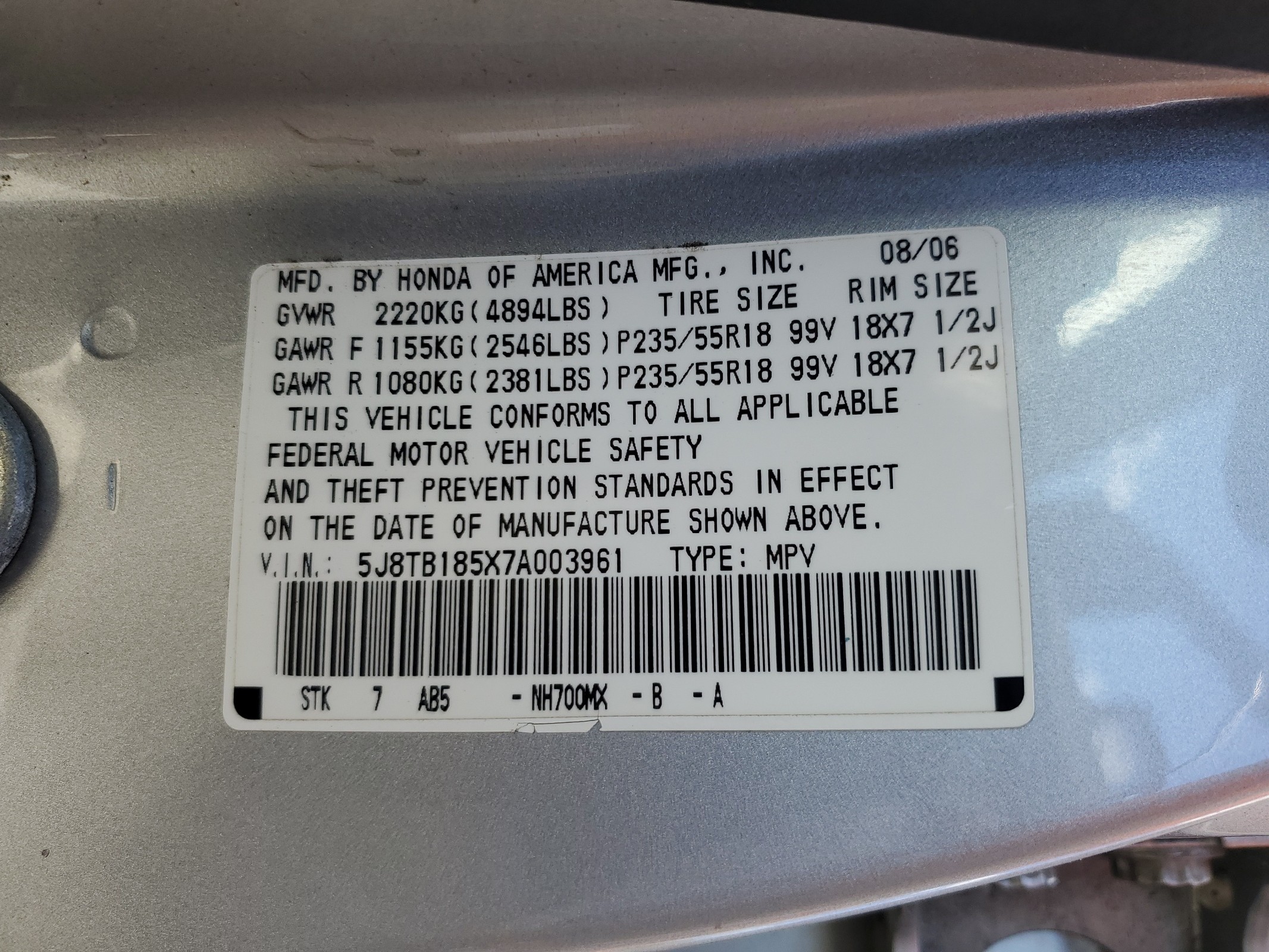 5J8TB185X7A003961 2007 Acura Rdx Technology