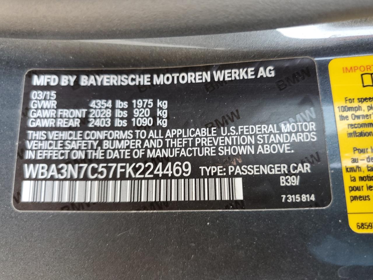 2015 BMW 428 I VIN: WBA3N7C57FK224469 Lot: 65972964